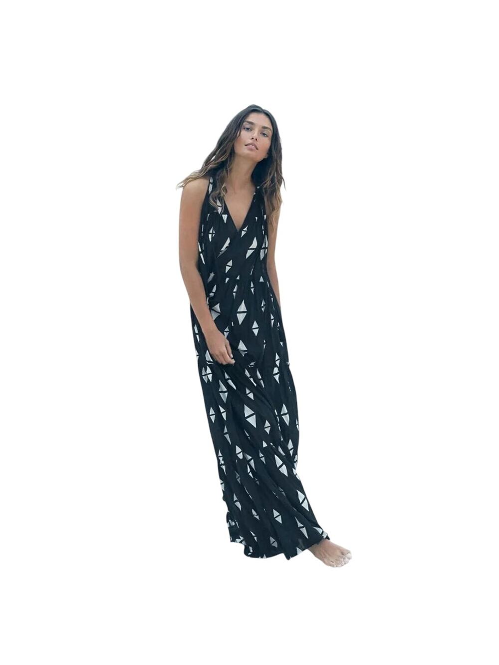H&M Forever Summer Sleeveless Cotton Tiered Maxi Dress Black Cream 6